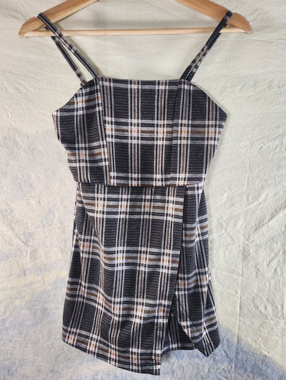 Rare Editions Plaid Strappy Romper in Black, Tan, and White Girls 10
